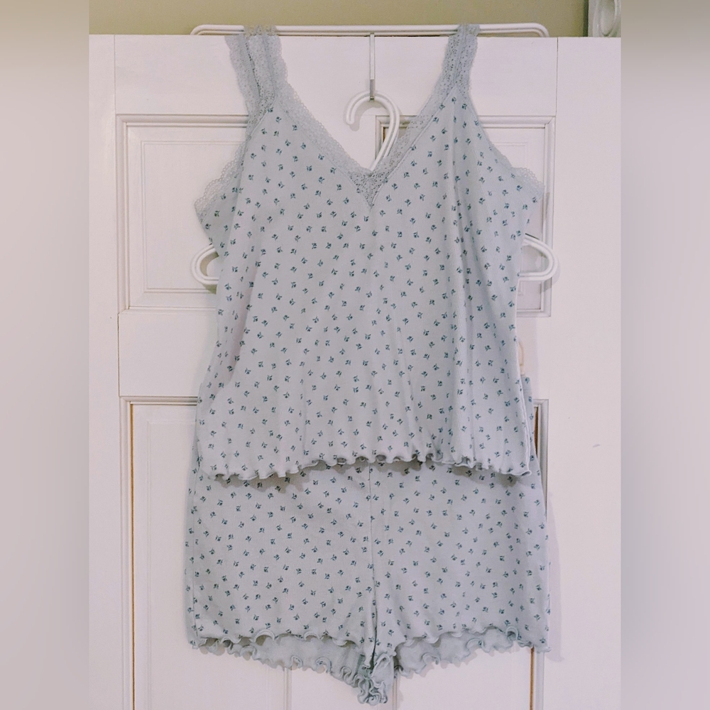 Women's Light Blue Floral Sleepwear Set plus BONUS Pink Tank Top!